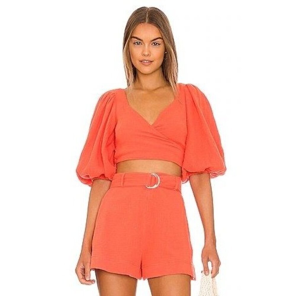 NEW Jonathan Simkhai Size Small  Mila Gauze Puff-Sleeve Wrap Top $245